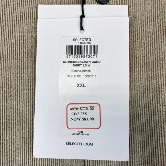 SELECTED Homme Benjamin Cord Shirt Long Sleeve Breen Oatmeal XXL - Picture 3 of 7